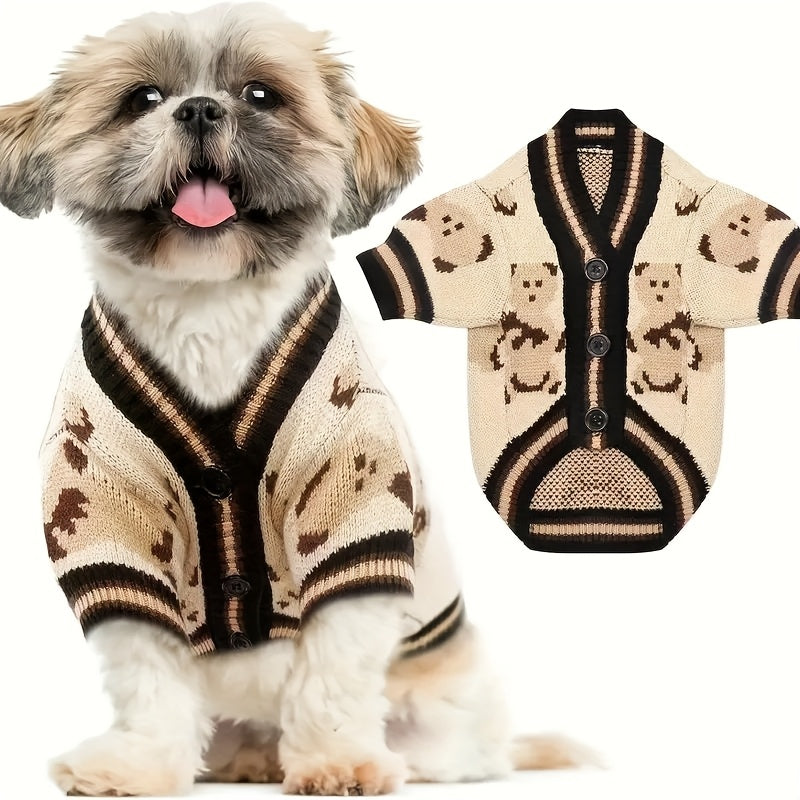 Bear Print Dog Cardigan Sweater with Button Closure, Beige Knit Pet Outfit with Contrast Ribbed Trim and Short Sleeves in M, L and XL Sizes