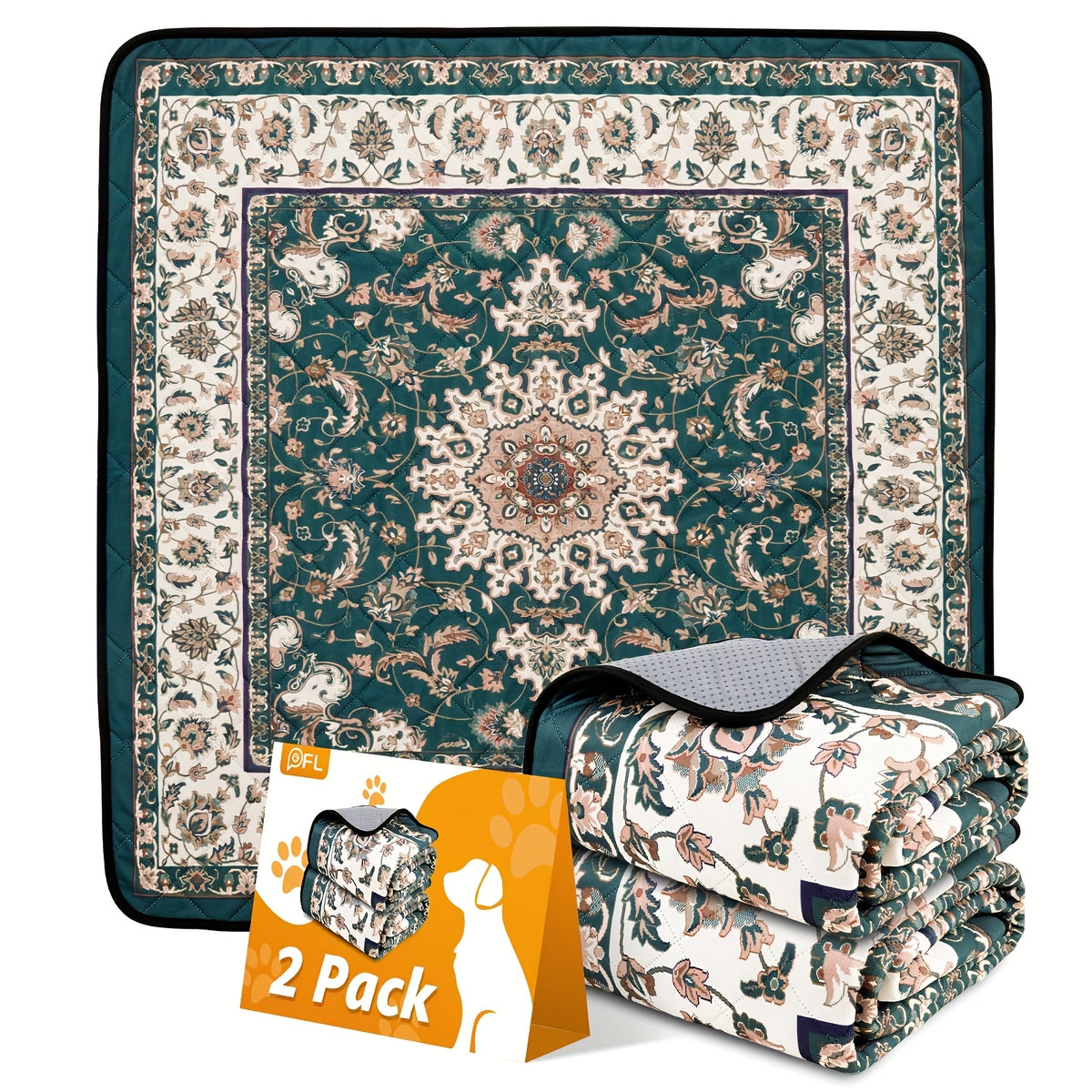 Reusable Washable Pee Pads for Dogs with Bohemian Style, Non-Slip Absorbent Puppy Training Mats in 18 x 24 to 72 x 72 Inch Size-Specific Packs