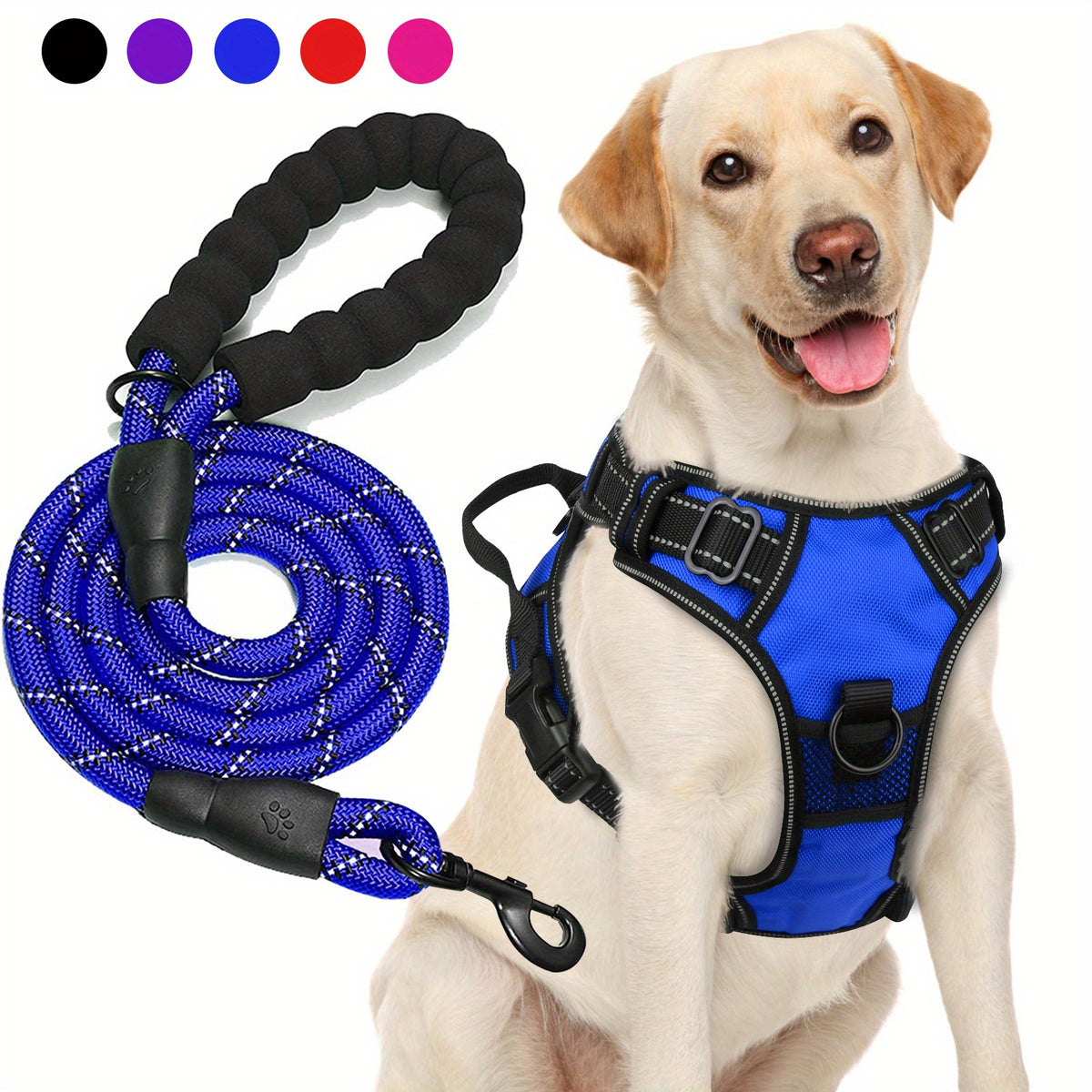 Oxford Dog Harness and Rope Leash Set, Adjustable Reflective Mesh-Padded Walking Vest with Four Fit Points and 5-Foot Padded-Handle Lead, S to XL