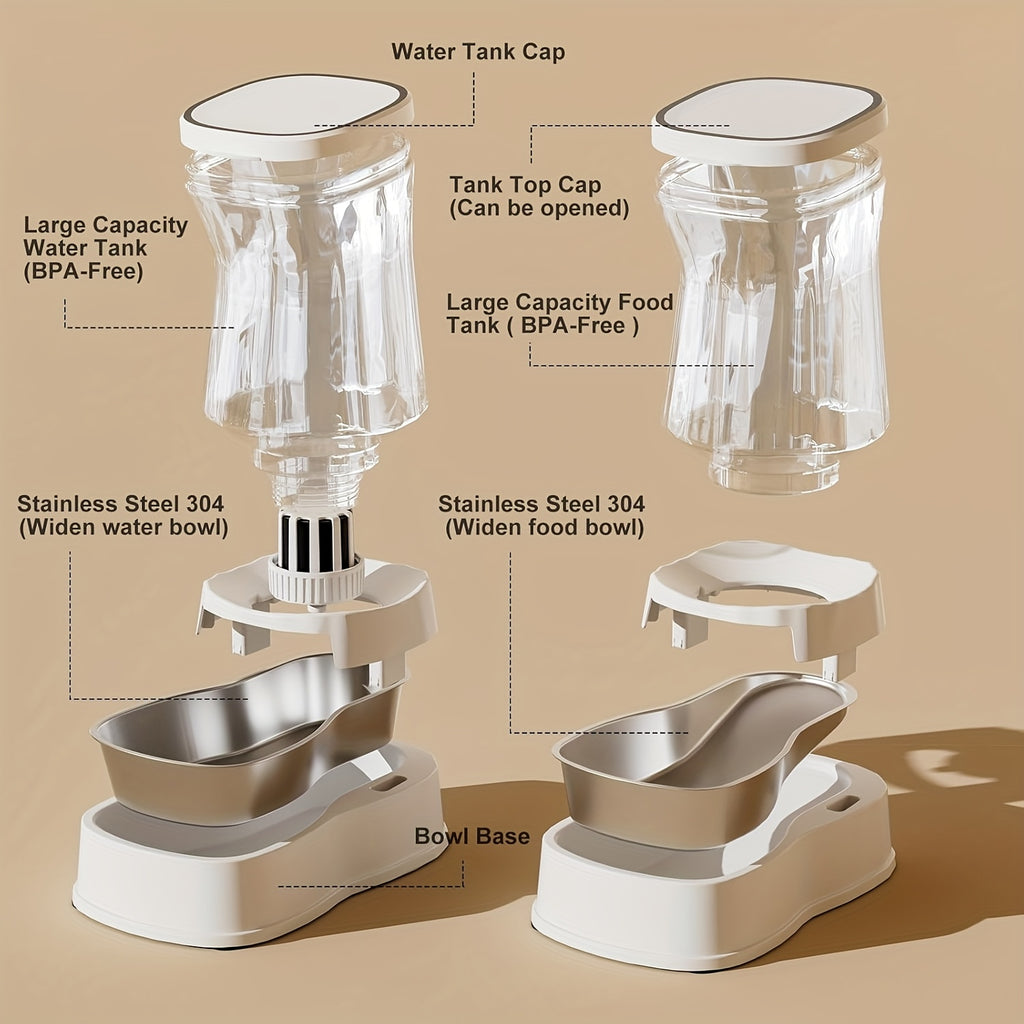 Dog Feeder and Water Dispenser Set, 2 x 1 Gallon Gravity-Fed Containers with Stainless Steel Bowls and Filter for Cats and Small to Medium Dogs