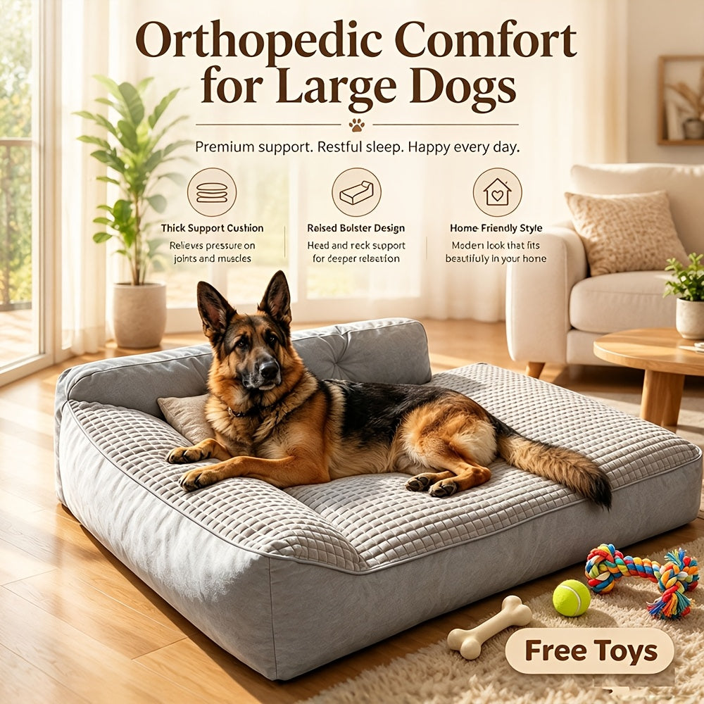 High Back Dog Sofa Bed with Plush Textured Cushion, Blue and Gray Bolster Pet Couch in Four Sizes for Small to Large Dogs and Cozy Indoor Rest