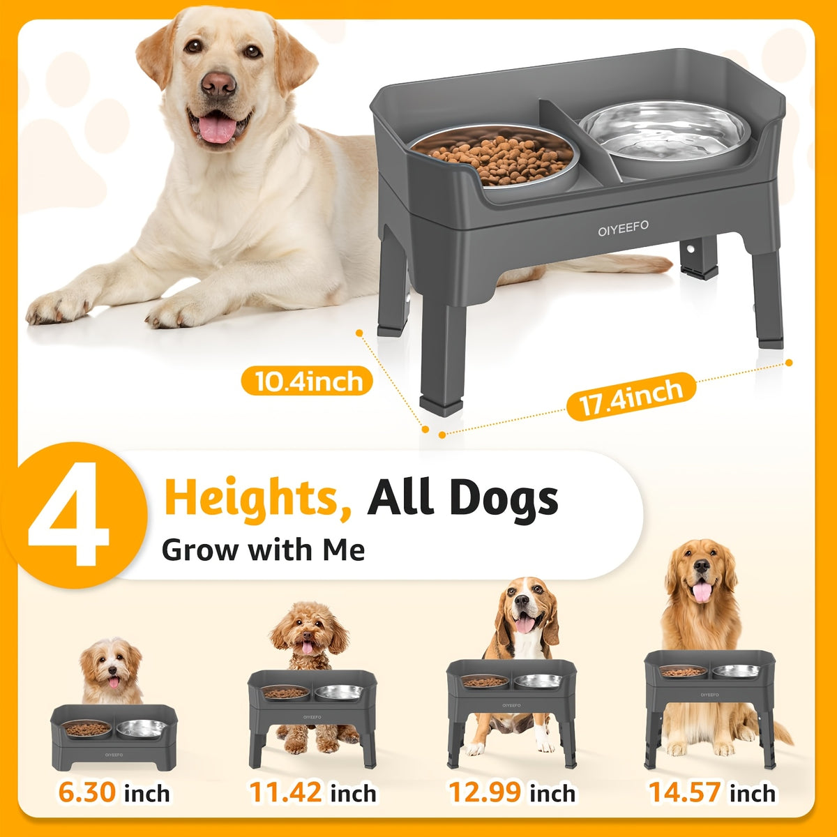 Splash Guard Elevated Dog Bowls with Four Adjustable Heights, Two 53oz Stainless Steel Bowls and Non-Slip Feet for Everyday Food and Water
