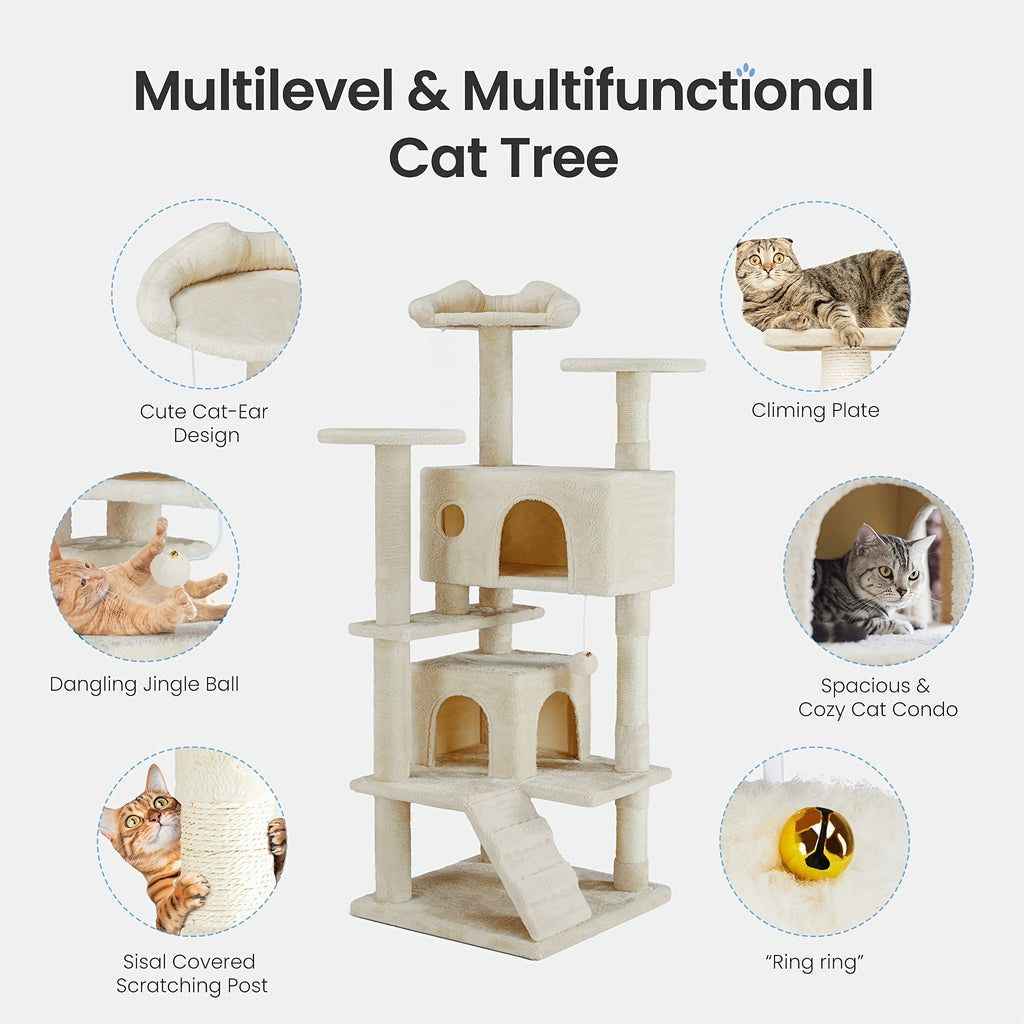 Cat Tree 44 or 54 Inch with Soft Hammock and Condo, Natural Sisal Scratching Posts for Indoor Climbing and Rest, Eight Color Options