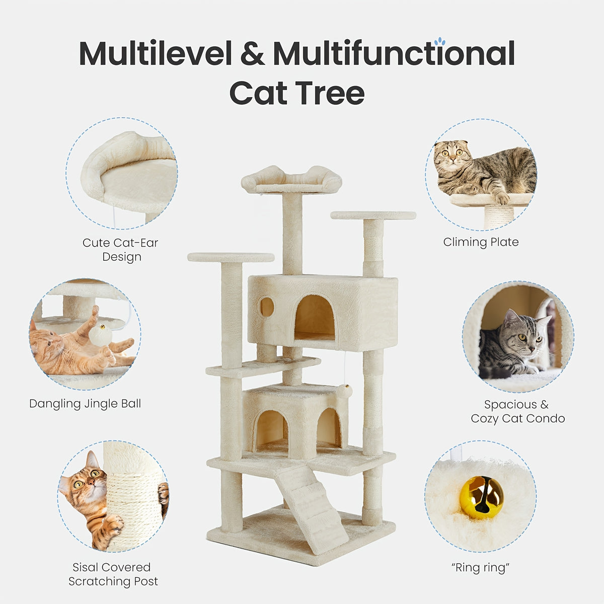 Cat Tree 44 or 54 Inch with Soft Hammock and Condo, Natural Sisal Scratching Posts for Indoor Climbing and Rest, Eight Color Options