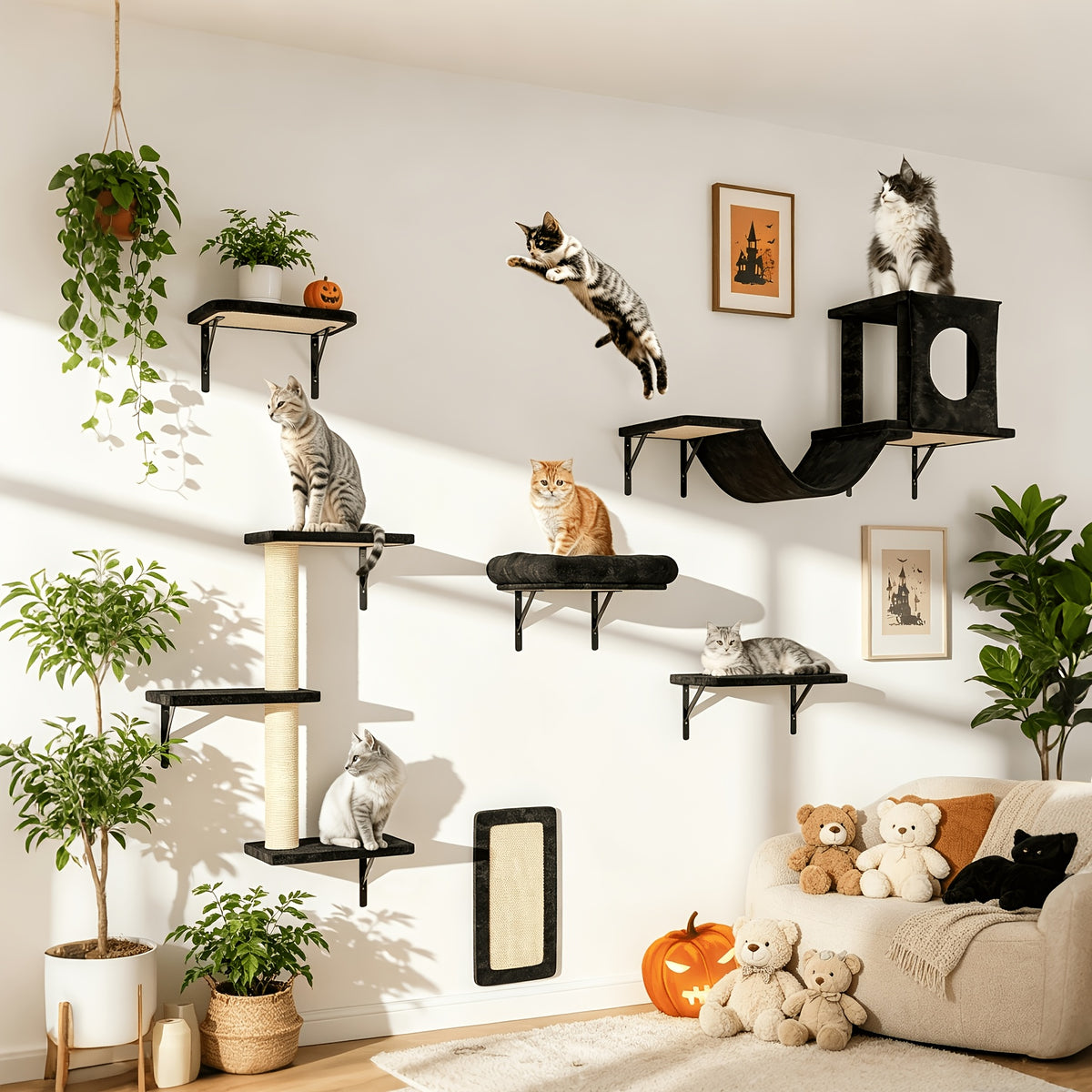 Cat Climbing Wall Shelves Set, Wall-Mounted Indoor Cat Furniture with Condo, Scratching Post, Bridge Ladder and Tunnel for Play and Rest