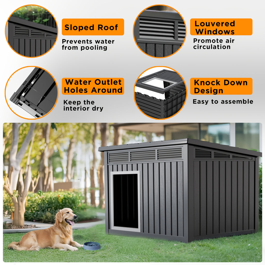 Ventilated Dog House with Slanted Roof, Black or Grey Indoor Outdoor Pet Shelter with Listed Waterproof and UV-Resistant Features for Large Dogs