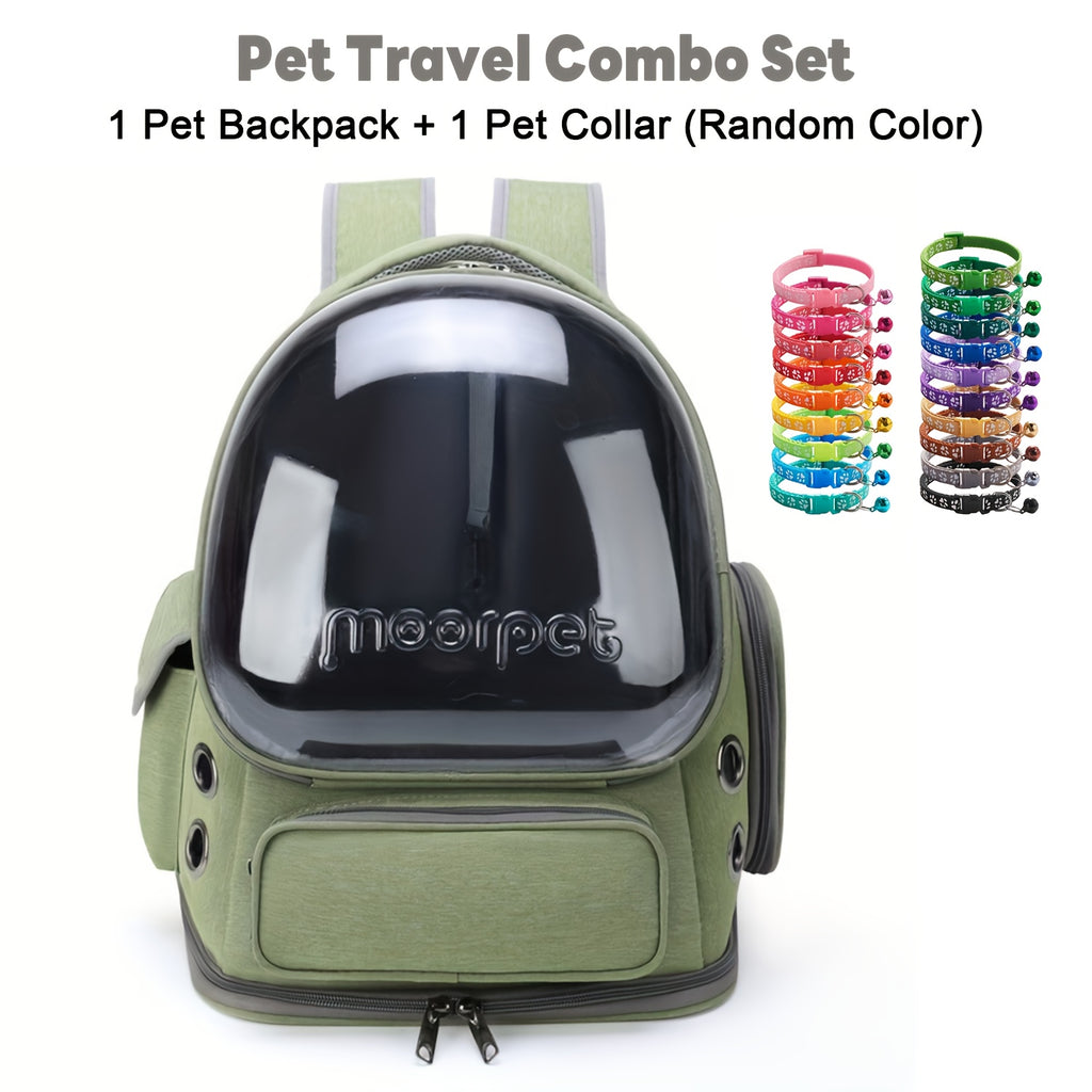 Oxford Cat Backpack Carrier with Pet Collar, Breathable Travel Bag for Small to Medium Cats and Dogs, Safety Zippers and Durable Straps, Green Gray or Khaki