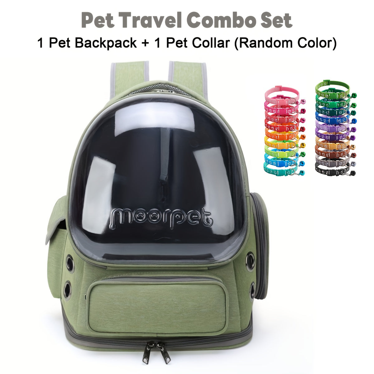 Oxford Cat Backpack Carrier with Pet Collar, Breathable Travel Bag for Small to Medium Cats and Dogs, Safety Zippers and Durable Straps, Green Gray or Khaki
