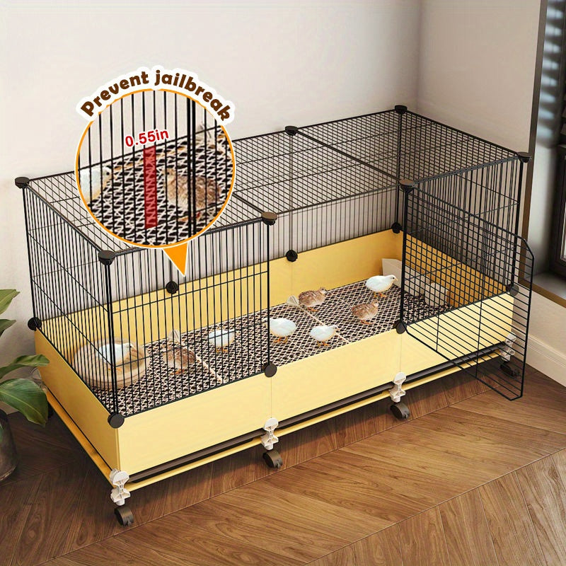 Rolling Poultry Cage 41.3 Inch with Yellow Lower Panels, Black Wire Mesh Enclosure, Front Access Door and Wheeled Base for Managed Bird Care