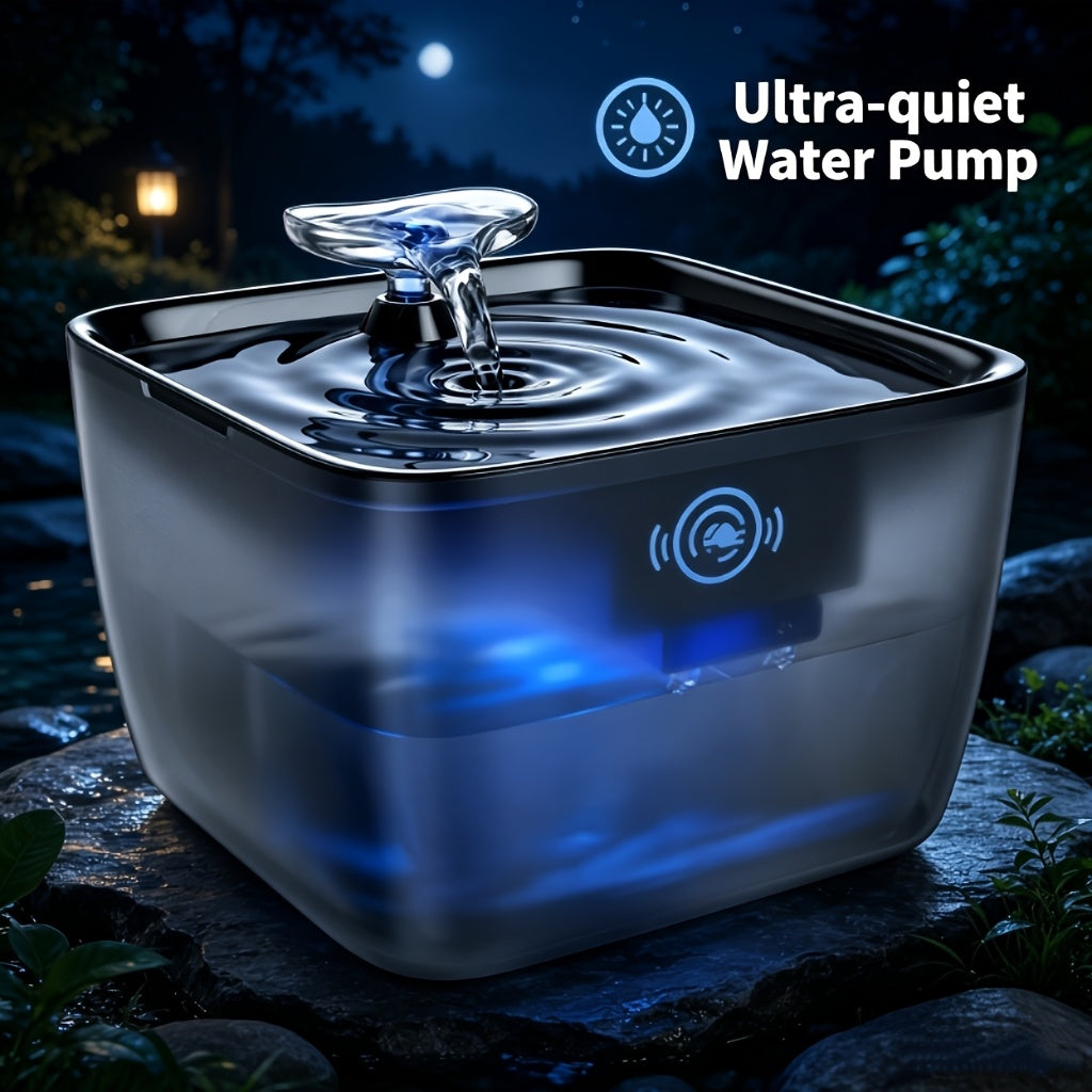 Pet Water Fountain 8L with Visible Water Level and Dry-Run Shutoff, Quiet Black Plastic Drinking Dispenser for Cats and Dogs with Filter Bundle Option