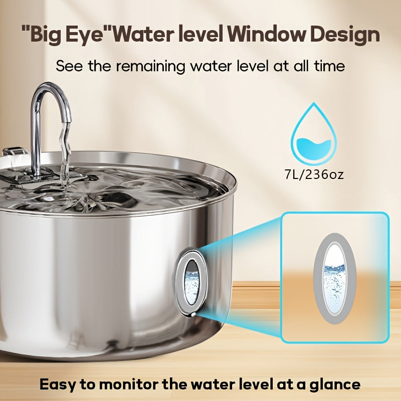 Dog Water Fountain FT007 7L, Stainless Steel USB Powered Pet Drinking Dispenser with Water Level Window and Filtration for Cats and Multi-Pet Homes