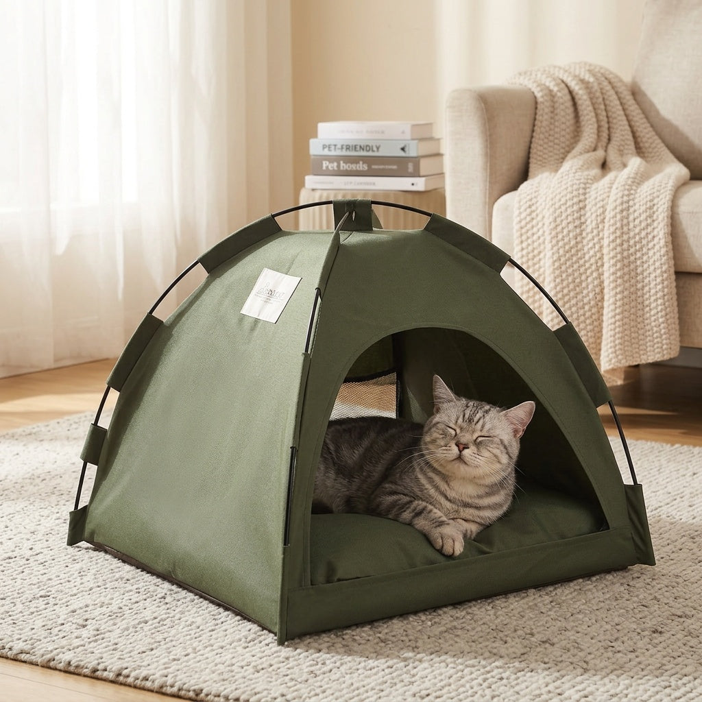 Portable Pet Sleeping Tent for Cats and Dogs, Fern Green 35 x 35 cm Cozy Nest with Solid Color Design for Home Bedtime and Supervised Travel