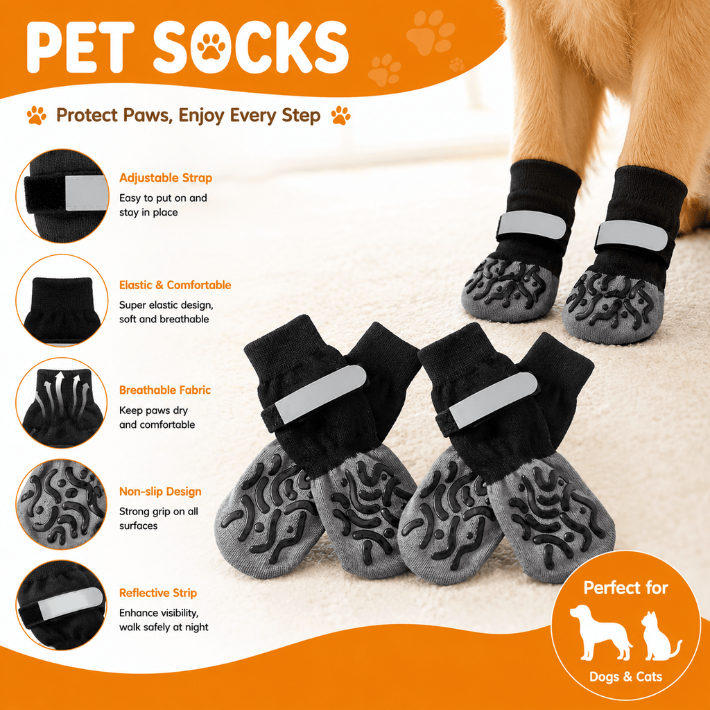 Dog Grip Socks with Snap Buttons and Adjustable Straps, 4 Black Breathable Paw Covers for Hardwood Floors, Non-Slip Pet Socks in XS-XL