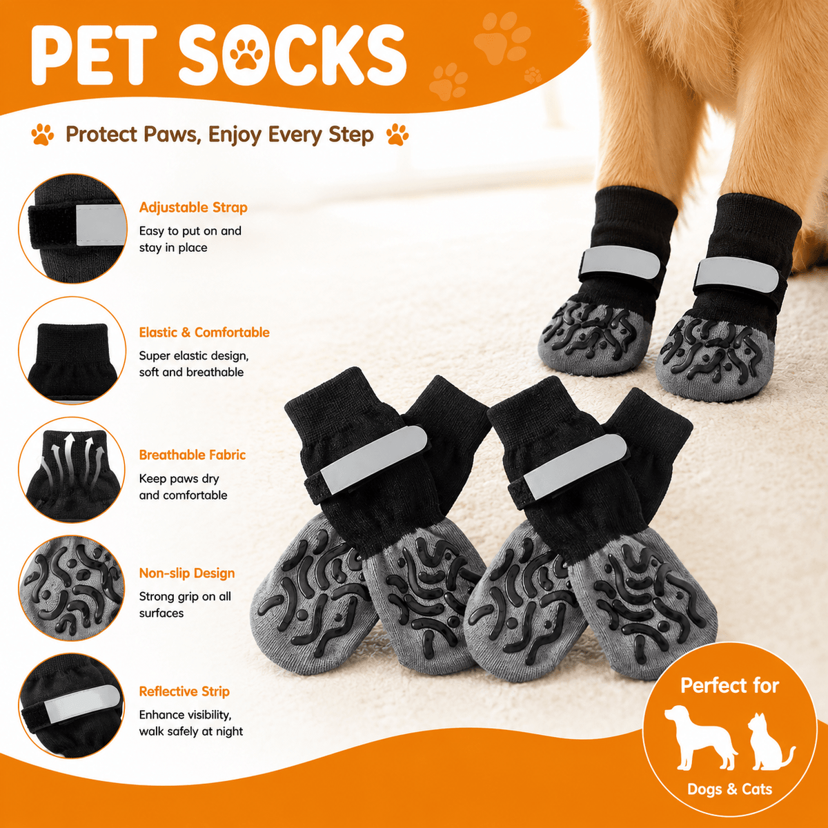 Dog Grip Socks with Snap Buttons and Adjustable Straps, 4 Black Breathable Paw Covers for Hardwood Floors, Non-Slip Pet Socks in XS-XL