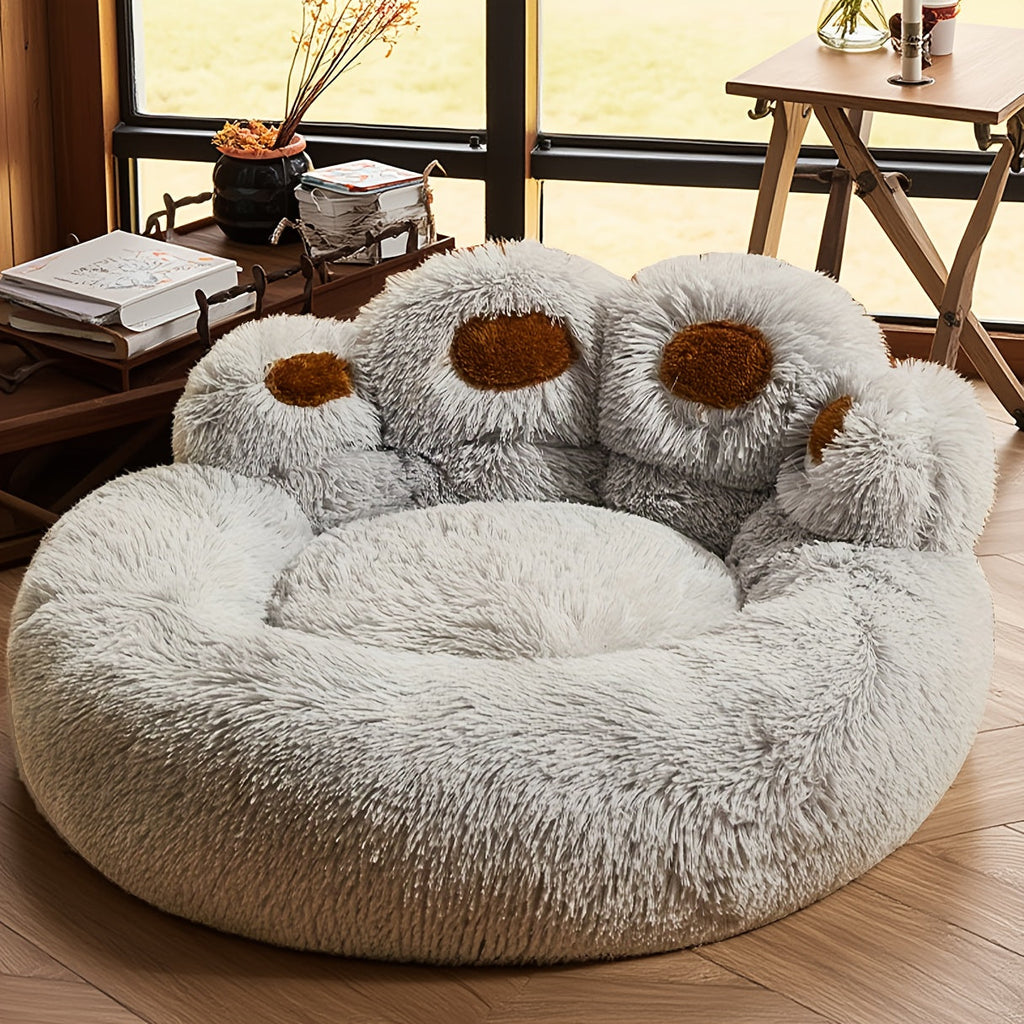 Dog Bed with Bear Paw Bolsters, Thick Plush Cat Sleeping Cushion with Non-Slip Bottom, Pink Grey or Coffee in 60cm, 70cm and 100cm Sizes