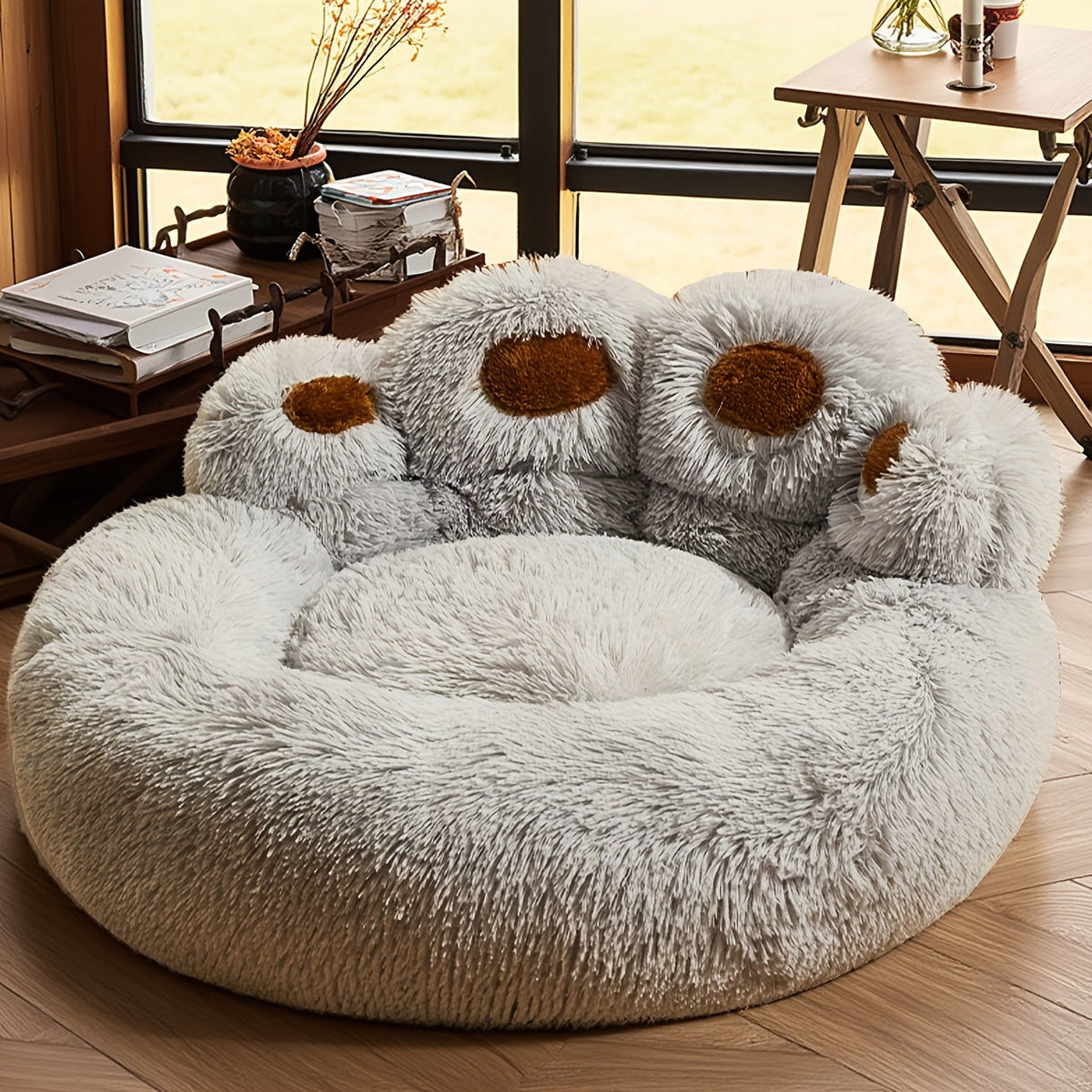 Dog Bed with Bear Paw Bolsters, Thick Plush Cat Sleeping Cushion with Non-Slip Bottom, Pink Grey or Coffee in 60cm, 70cm and 100cm Sizes