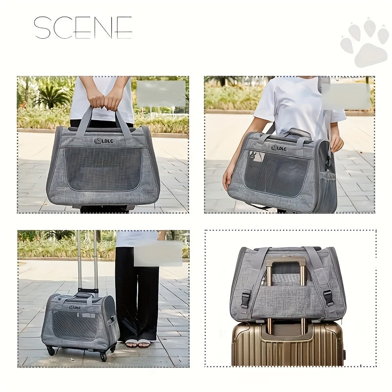 Cat Carrier with Wheels and Carrying Style Options, Foldable Mesh Pet Travel Bag in Light Grey or Pink for Vet Visits and Everyday Trips