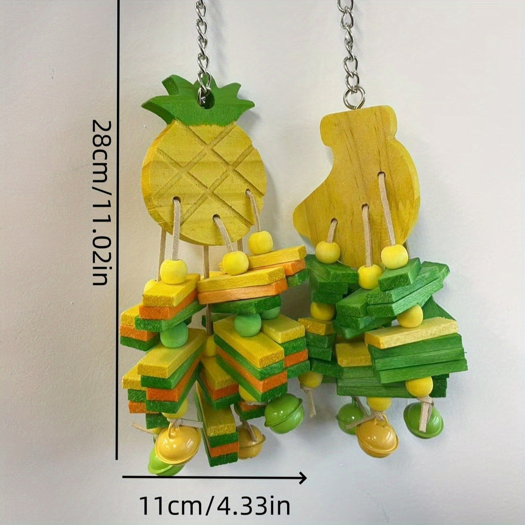 Fruit Shaped Bird Chew Toy Set with Pineapple and Banana Designs, Colorful Wooden Blocks, Beads and Bells for Supervised Parrot Cage Enrichment
