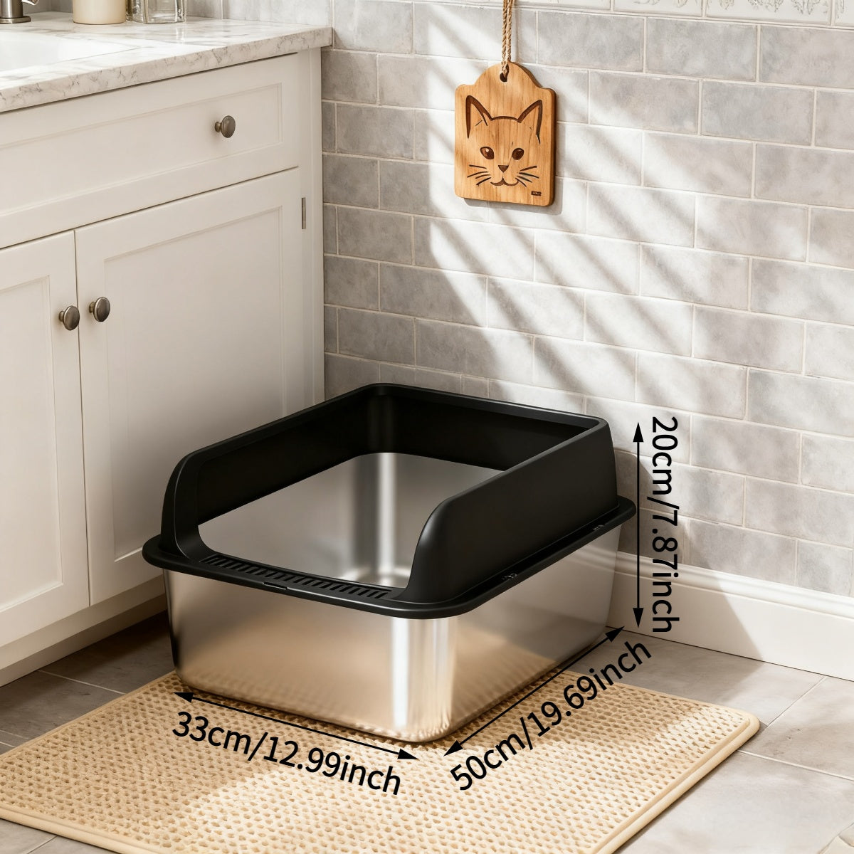 High-Sided Stainless Steel Cat Litter Box with Snap-Lock Design, Easy-Clean Metal Litter Tray for Indoor Cats, Black and Gray Options