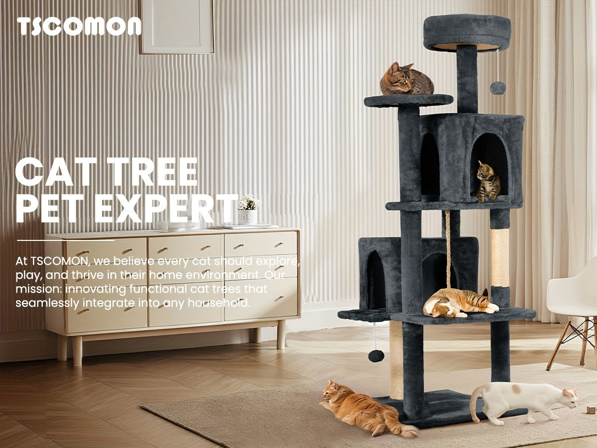 Cat Tower for Indoor Cats 59 Inch, Multi-Level Cat Tree with 2 Condos, Round Top Perch, Sisal Scratching Posts and Hanging Ball Toy, Plush Cat Furniture in 5 Colors