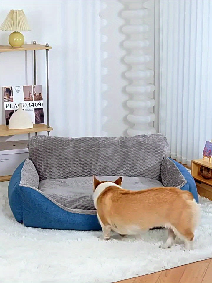 High Back Dog Sofa Bed with Plush Textured Cushion, Blue and Gray Bolster Pet Couch in Four Sizes for Small to Large Dogs and Cozy Indoor Rest