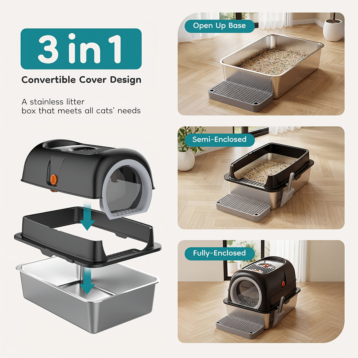 Front Entry Top Exit Stainless Steel Litter Box with Lid, Extra Large Black Enclosed Cat Toilet with Convertible Cover, Litter Scoop and Mat