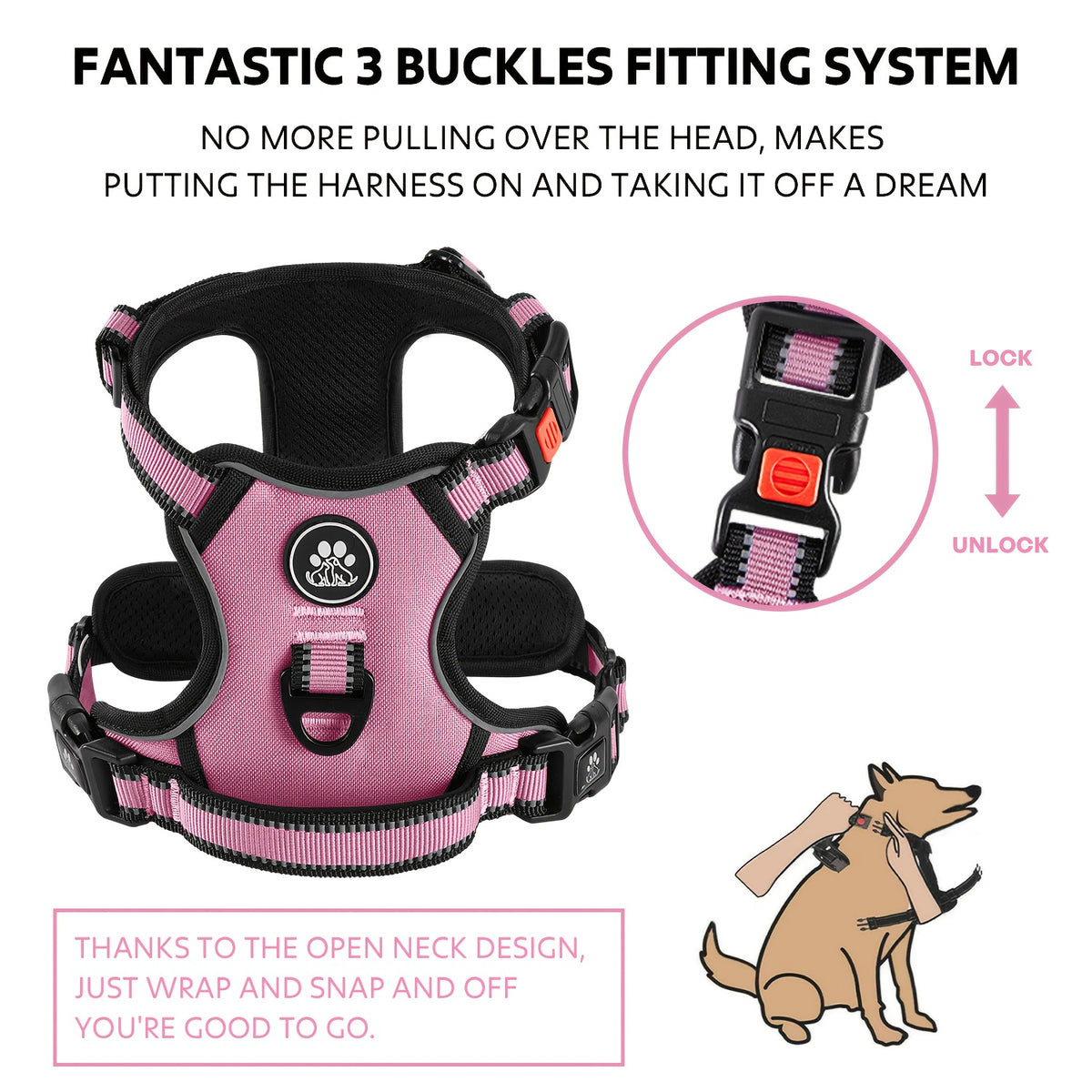 No Pull Dog Harness Set with Three-Buckle Open-Neck Design, Reflective Adjustable Vest, Padded Handle, Leash and Seat Belt, XS-XL