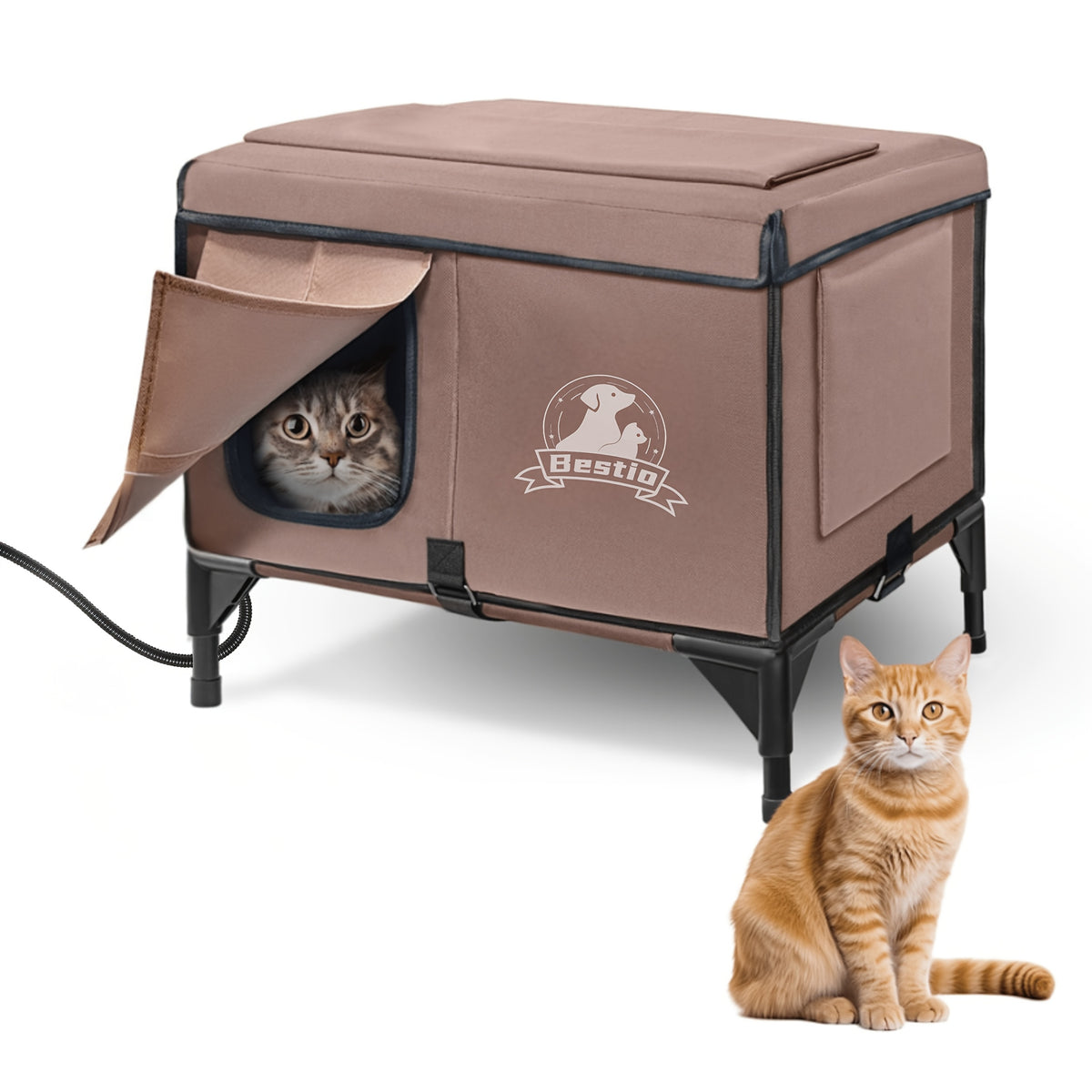 3-in-1 Heated Cat House with Detachable Heating Pad and Elevated Bed, Dual-Entry Cat Shelter in Brown, Camouflage and Roof Style Options