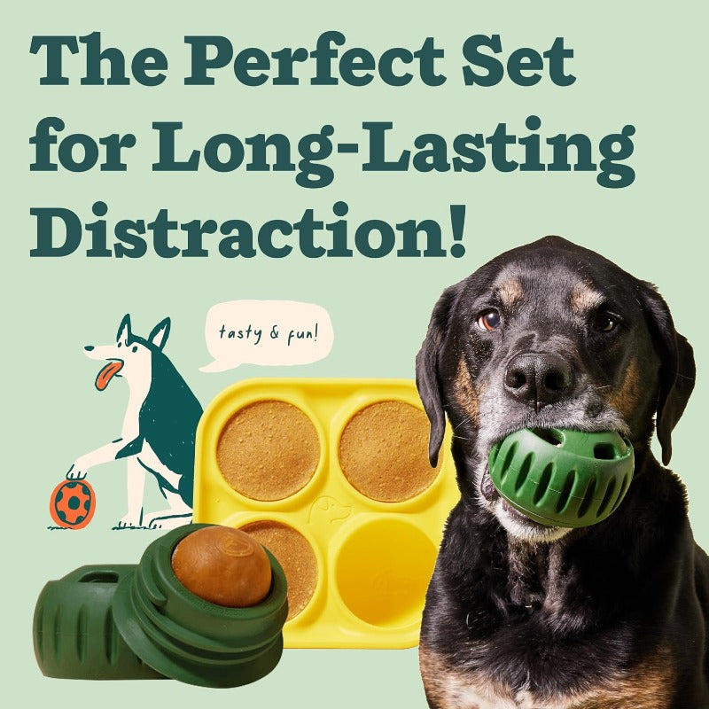 Dog Treat Ball and Tray Mold Set, 2-Piece Battery-Free Interactive Chew Toy Kit for Supervised Enrichment, Orange or Green Ball Options