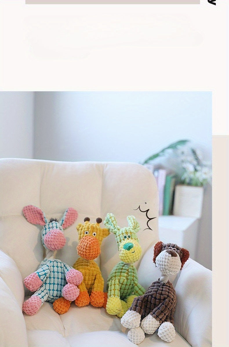 Rope Neck Squeaky Dog Toys 3 Pack, Colorful Plush Animal Play Set with Donkey Design for Small and Medium Dogs, Supervised Gentle Chewing