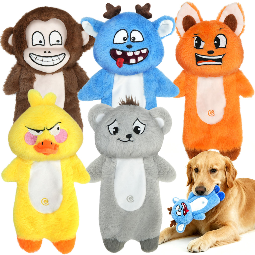 Stuffless Dog Toy Bundle, 5-Piece Squeaky Animal Plush Set with Cotton Rope, Machine Washable Toys for Supervised Fetch and Interactive Play