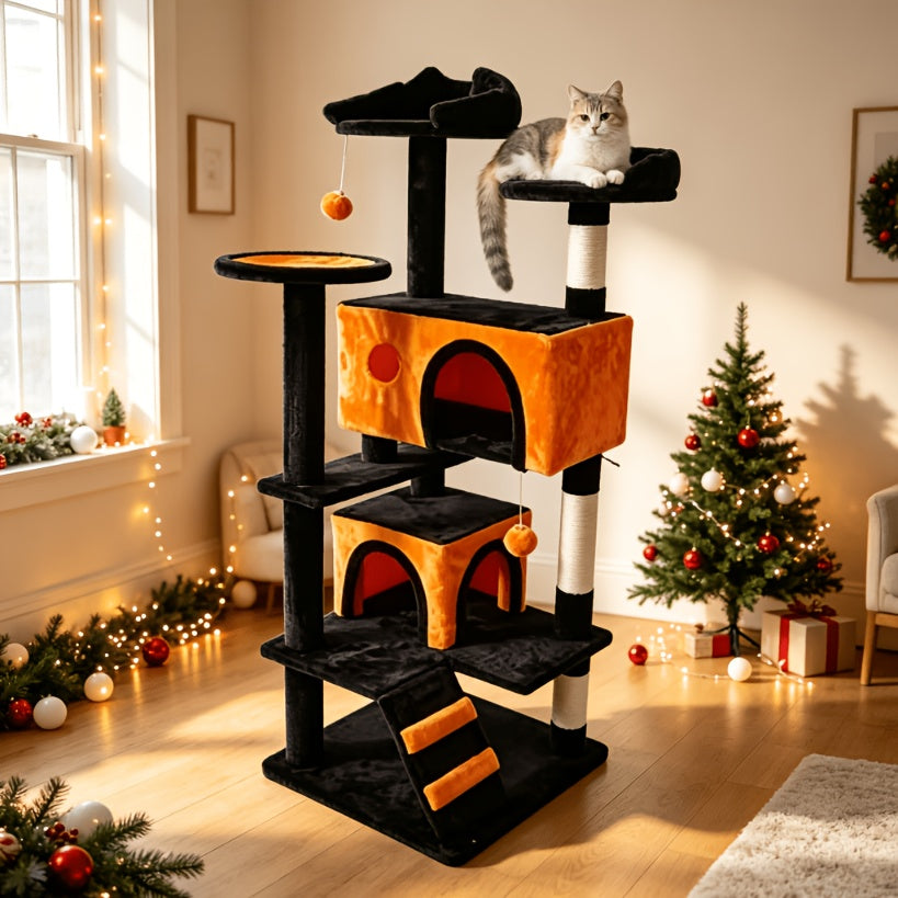 Cat Climbing Tower 44 Inch Multi-Level, Cat Activity Tree with Large Hammock, Enclosed Condo, Top Perch, Natural Sisal Scratch Posts and 2 Hanging Ball Toys for Multiple Cats