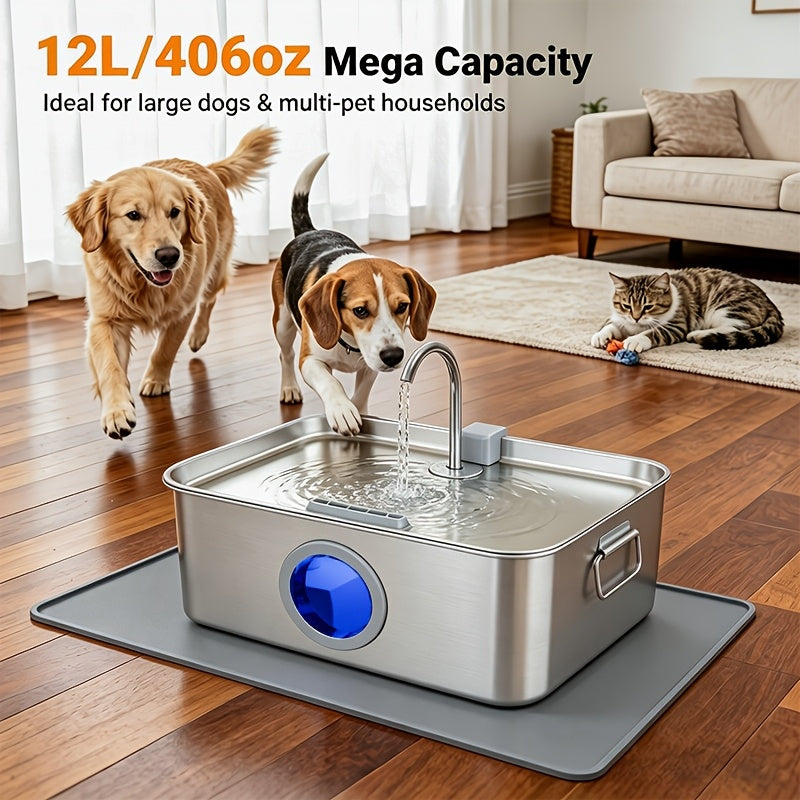 Stainless Steel Dog Water Fountain 12L 3.2 Gal for Large Dogs and Multi-Pet Homes, Ultra Quiet Pet Water Dispenser with Water Level Window, Dry Burn Protection and Red Blue Indicator Lights, Easy to Clean, Without Battery
