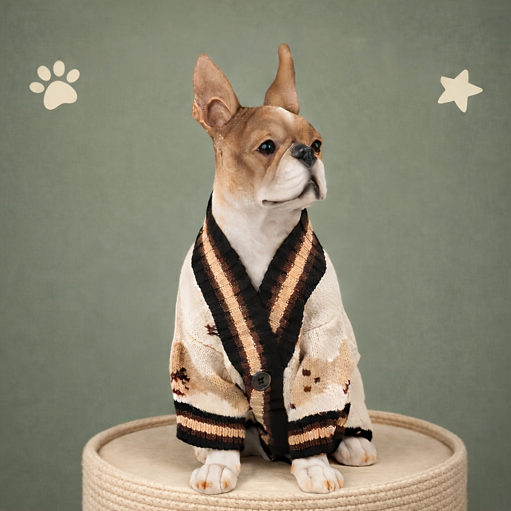 Bear Print Dog Cardigan Sweater with Button Closure, Beige Knit Pet Outfit with Contrast Ribbed Trim and Short Sleeves in M, L and XL Sizes