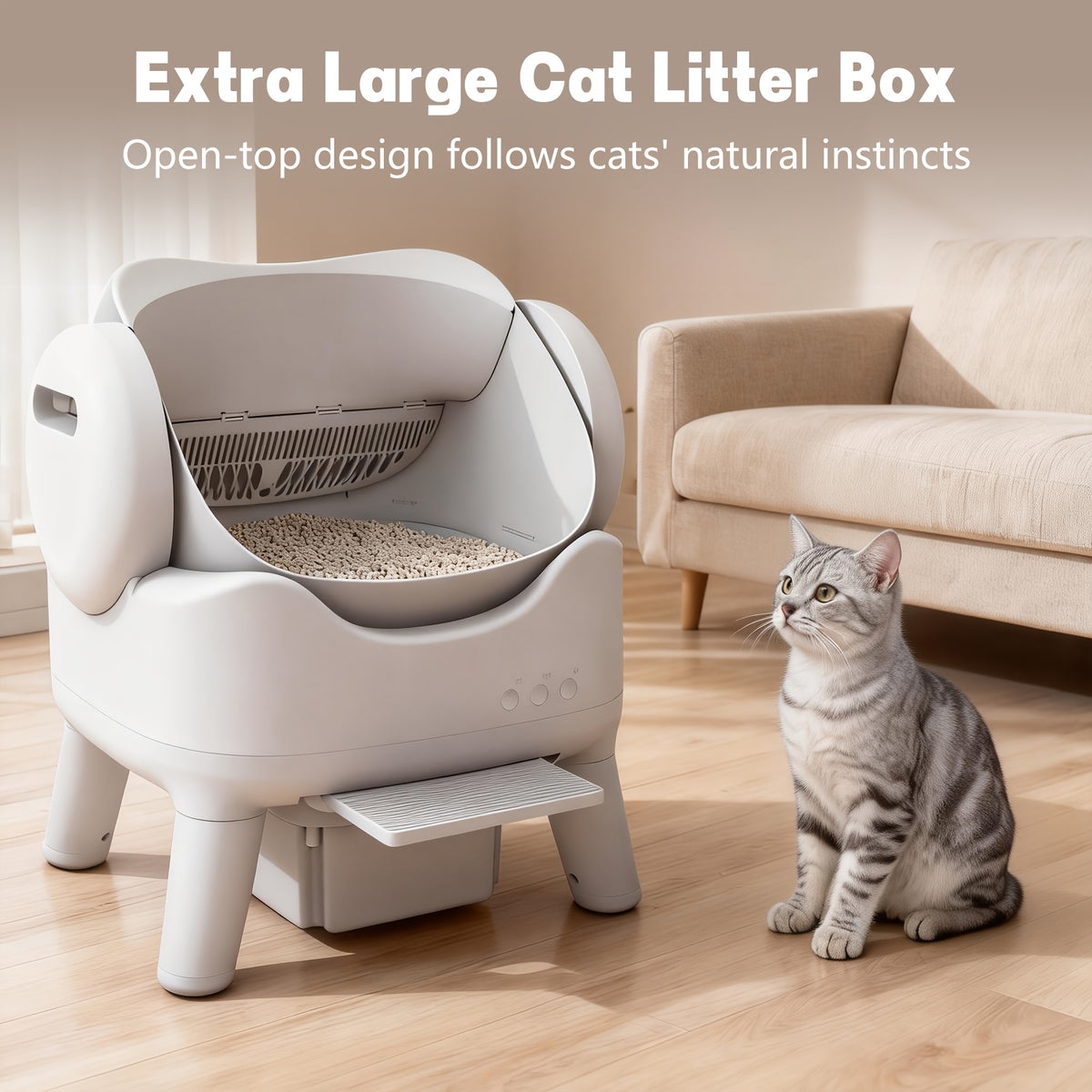 Open Top Self Cleaning Litter Box in White, Automatic Cat Toilet with High Sides, Low Noise Operation and 3.96 Gallon Waste Drawer