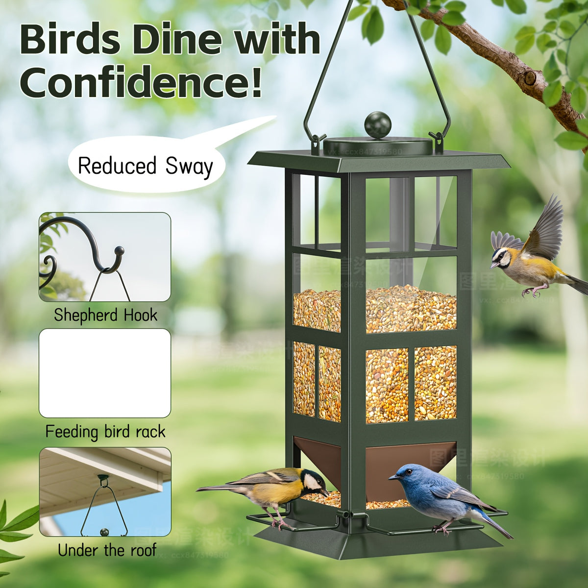Four-Port Bird Feeder for Outdoors, Green Metal Hanging Wild Bird Feeder with Drainage Holes and Easy-Fill Design for Backyard Birdwatching