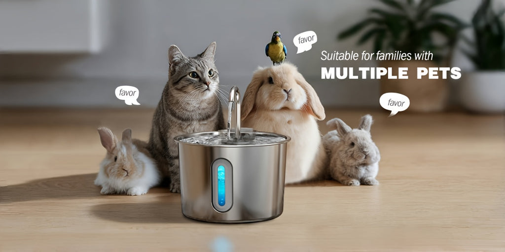 Cat Water Fountain with 3-Stage Filtration, 2.2L 304 Stainless Steel Pet Drinking Dispenser with Quiet USB Pump and Visible Water Level Window