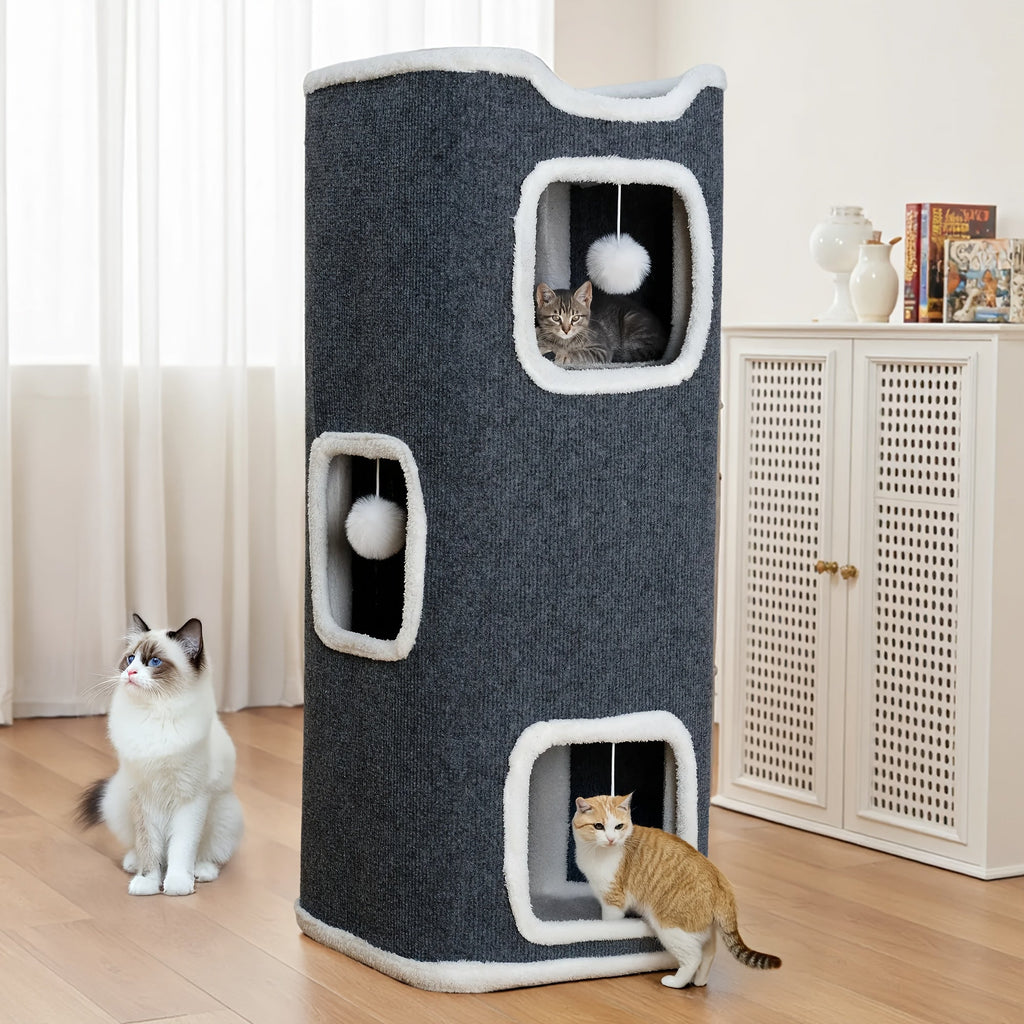 Cat Hideaway Tower with Felt Exterior and Particle Board Frame, Indoor Cat Condo Furniture in One, Three or Four Layers with Optional Bell Ball Bundles