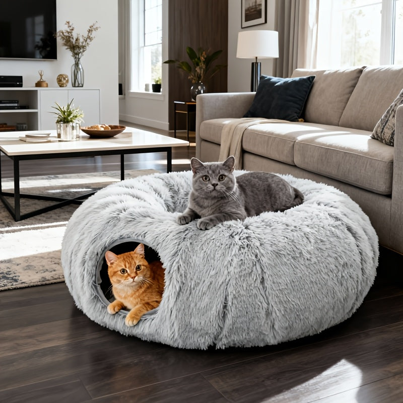 Cat Tunnel Bed with Plush Donut Hideaway, Winter Cozy 2-in-1 Indoor Cat Cave with Hanging Pom-Pom Toys and Thickened Non-Slip Bottom