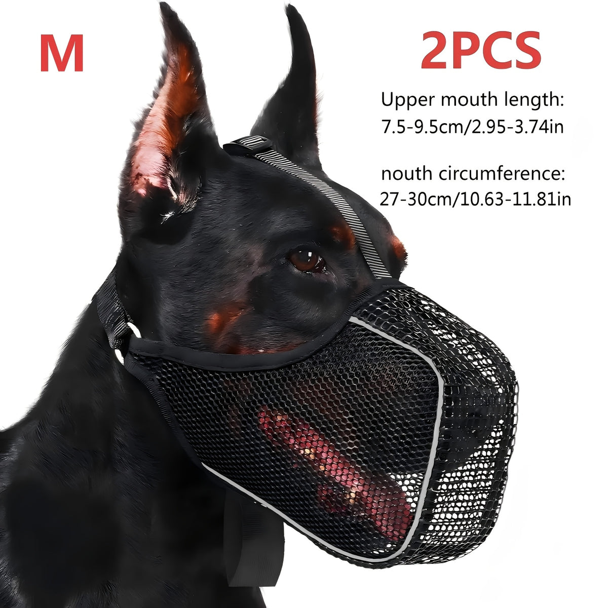 Full Coverage Mesh Dog Muzzle Mask 2-Pack in Black, Reflective Polyester Design with Adjustable Straps for Supervised Grooming and Vet Visits