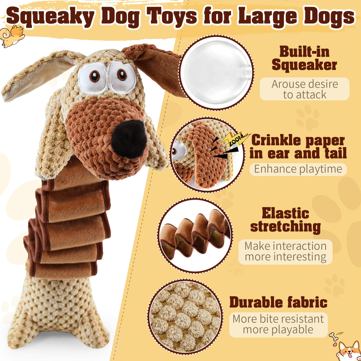 Stretchy Squeaky Dog Toy with Crinkle Paper, 15.7 Inch Plush Pull Toy Extending to 19.7 Inches for Supervised Tug and Fetch, Single or 2-Pack Options