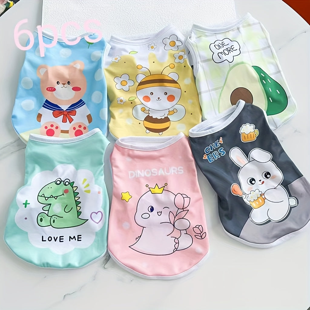 Cartoon Pet Vests 6 Pack for Dogs and Cats, Gray Cute Rabbit Drink Print Clothing in XS to XL for Everyday Outfits and Pet Photo Moments