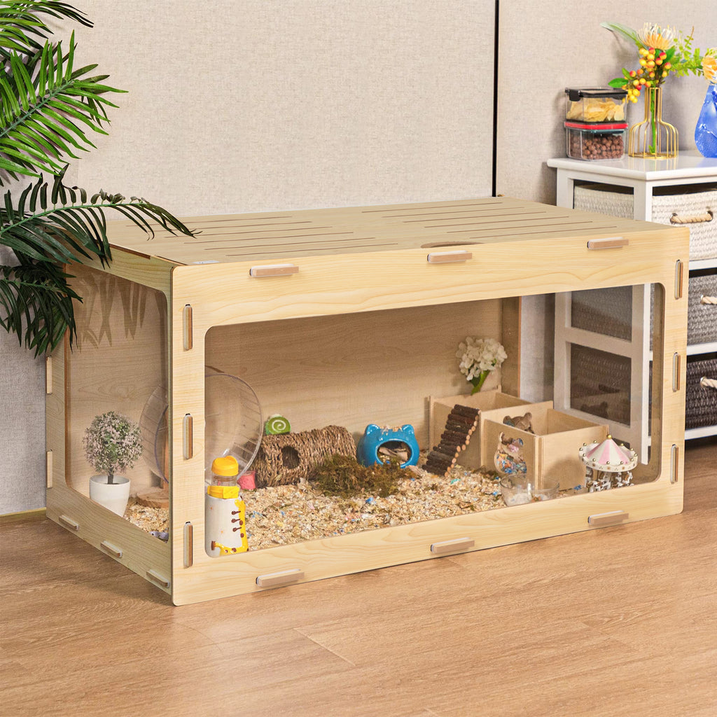 Hamster Habitat Wooden Cage with Clear Acrylic Front, Openable Top and Side Locks, 31.5-Inch Small Pet Enclosure in Natural or Burlywood