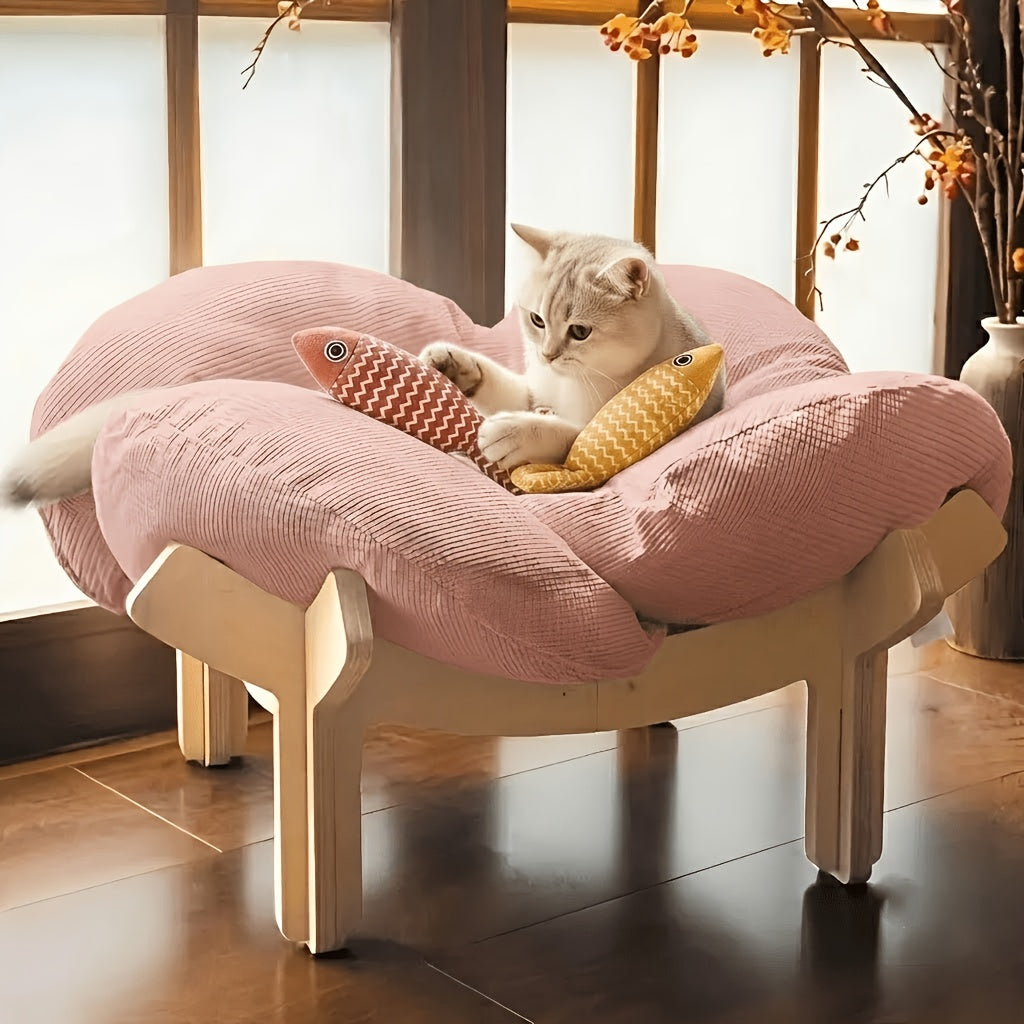 Pink Wooden Cat Lounge Bed with Soft Cushion, Elevated Indoor Pet Sofa Chair in Pink + Two Linen Fish Style for Cat Naps and Cozy Home Lounging
