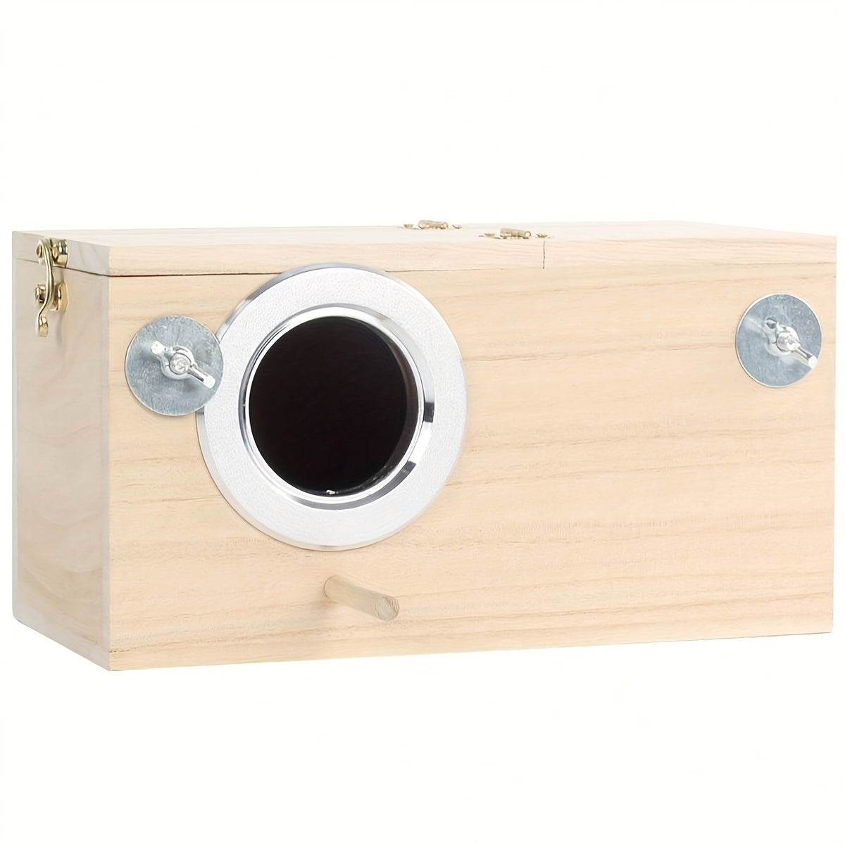 Parakeet Nest Box with Hinged Inspection Lid, Wooden Bird Breeding House with Metal-Rimmed Entrance and Perch, Compact Wood Color Cage Accessory