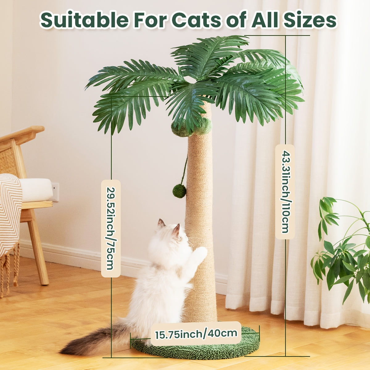 Coconut Tree Cat Scratching Post 43 Inch, Tall Sisal Scratcher with Three Hanging Pom-Pom Toys and Soft Fabric Round Base for Indoor Cats