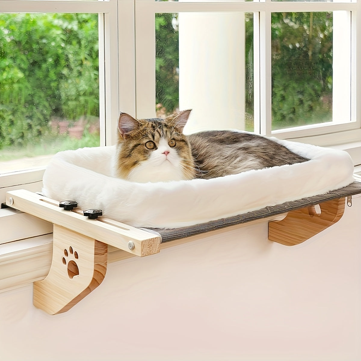 Cat Windowsill Hammock, 24.4 x 15 Inch Adjustable Wood and Metal Frame Bed for Indoor Cats, Non-PVC Perch for Compatible Bedsides, Drawers and Cabinets