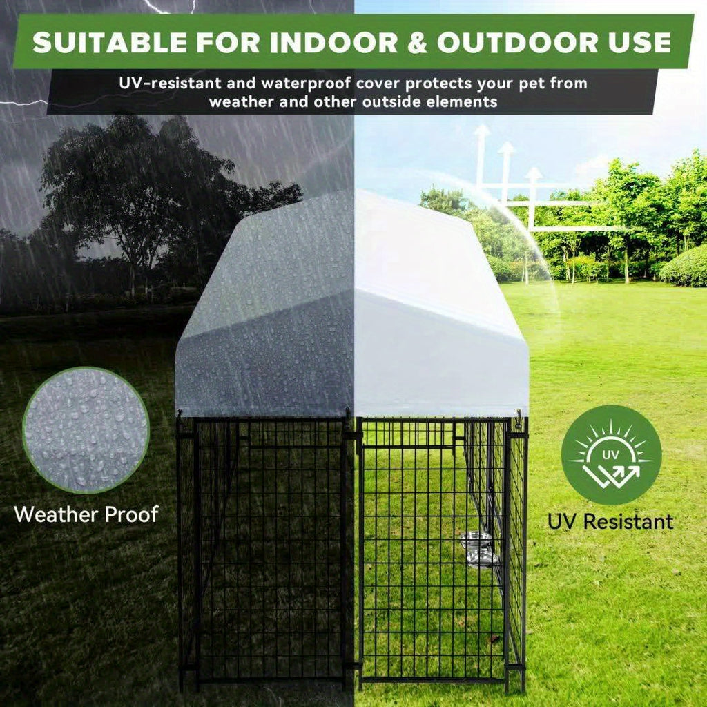 Outdoor Dog Kennel with Rotating Bowls, Heavy-Duty Welded Steel Dog Run with Secure Lock and UV-Resistant Roof, Three Sizes for Backyard Use