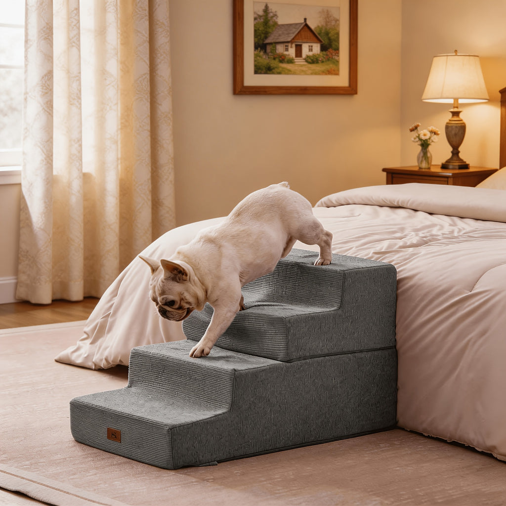 Wide Pet Stairs for Small Dogs and Cats, 3 or 4 Step Furniture Access with Non-Slip Base for Suitable Beds, Couches and Chairs, Three Colors