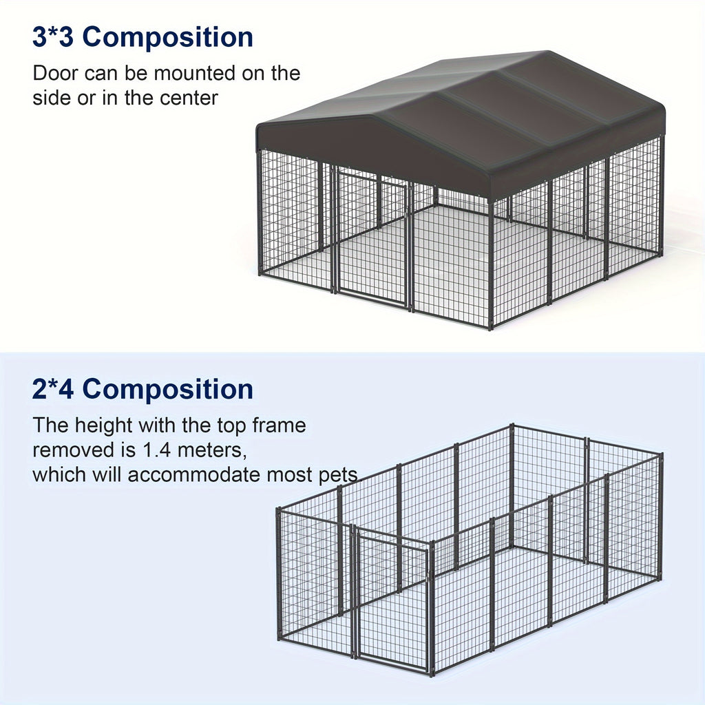 Outdoor Dog Run Enclosure with Roof Cover, Heavy-Duty Steel Mesh Kennel with Lockable Door and Ground Pegs, Four Size Options for Backyard and Farm